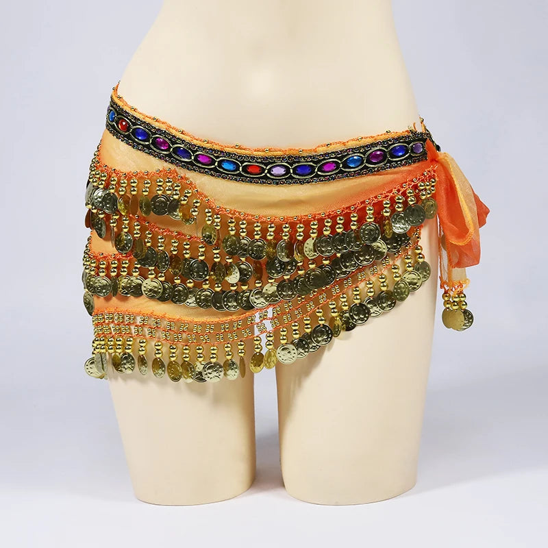 Arabic Belly Dance Coin Hip Scarf with Rhinestones