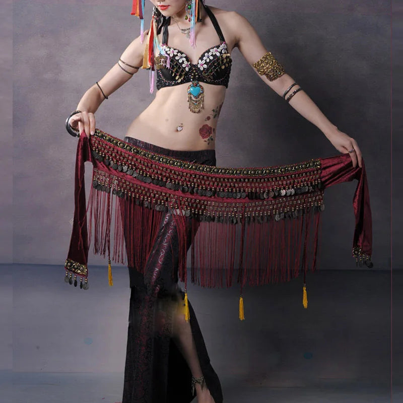 Belly Dance Coin Hip Scarf Tribal Belt with Fringe Tassels