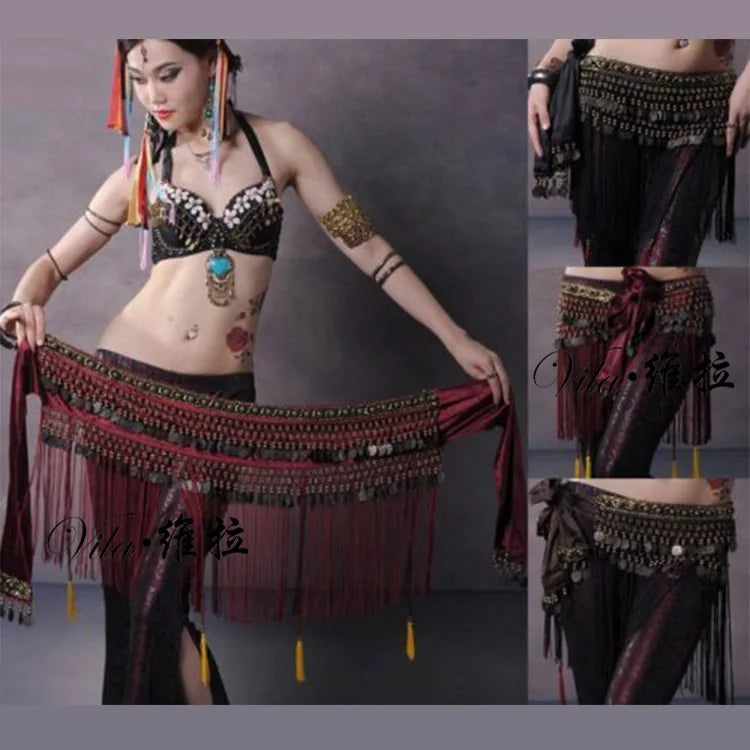 Belly Dance Coin Hip Scarf Tribal Belt with Fringe Tassels