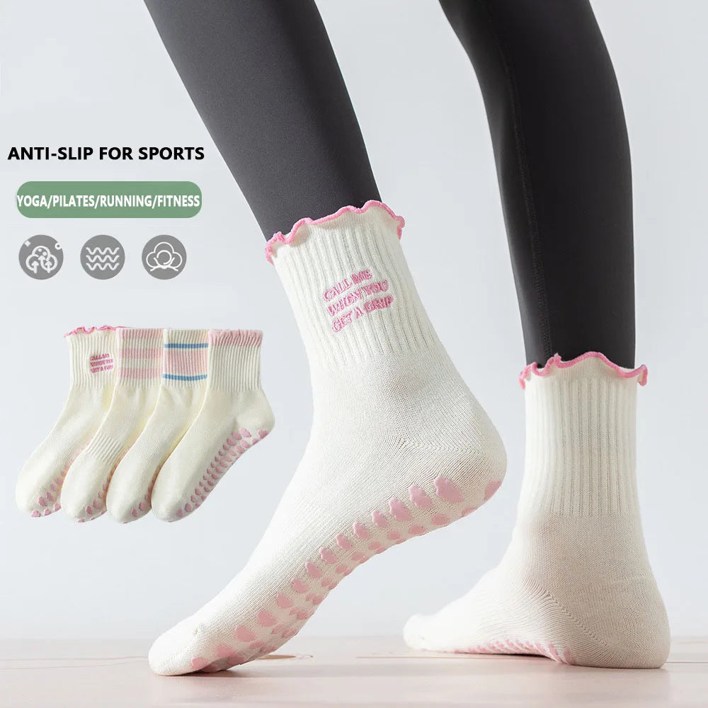 Yoga Socks for Women.  Cotton Non-Slip Grip Crew Socks.